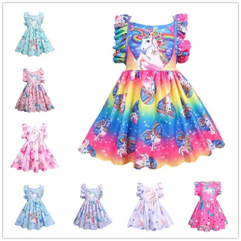 Fashion Cute Kids Dress Unicorn Girls Rainbow Horse Girls Dresses