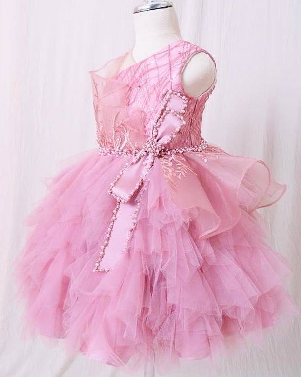 2020 Blush Pink Lace Flower Girl Dresses One Shoulder Tiers Little Girl