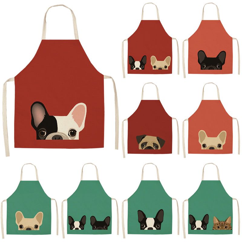 Waterproof Women Cute Dogs Cartoon Apron Cotton Linen Kitchen Cooking Aprons
