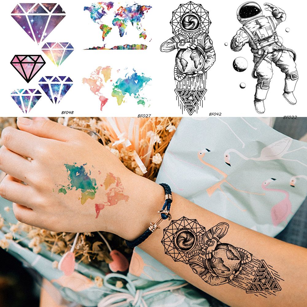 Acheter Baofuli Aquarelle Diamant Géométrique Temporaire De Tatouage Autocollant Hommes Astronaute Carte Du Monde De Tatouage Femmes étoilées étanche