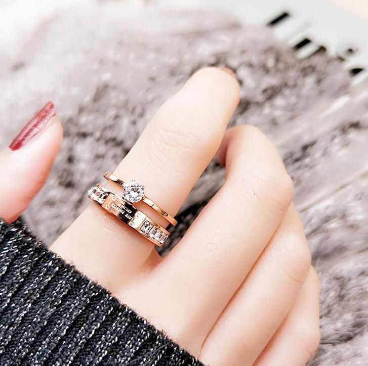 Valentines Day Jewelry Lady Titanium Steel Retro Double Ring With 18K Rose Zircon Korean Joint