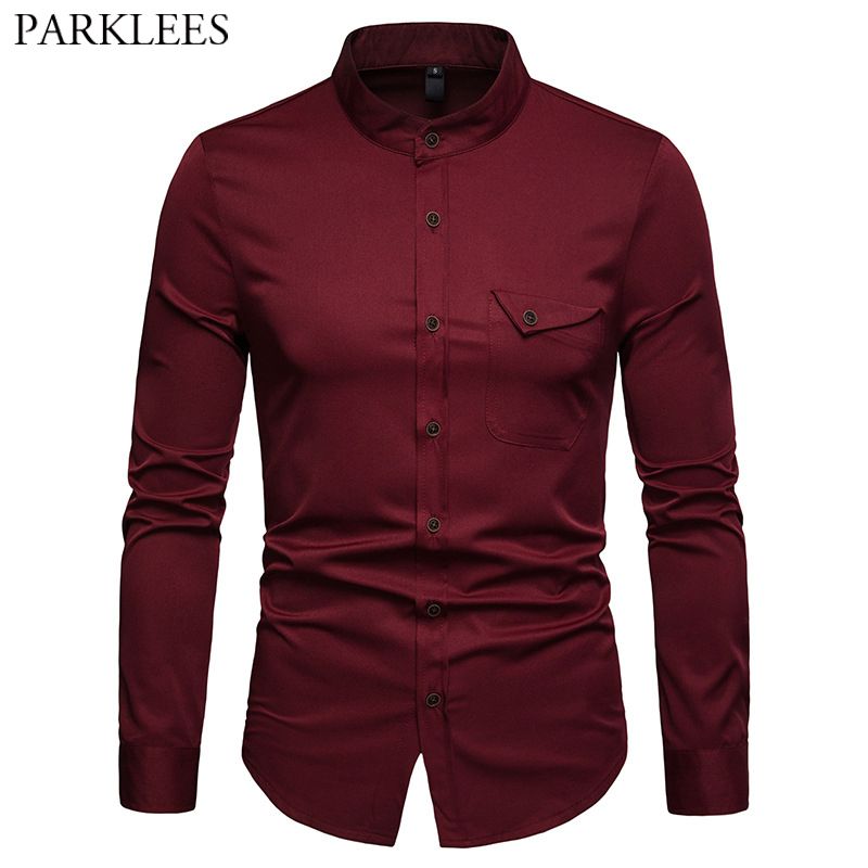 2020 Mens Solid Mandarin Collar Shirt 2019 Casual Slim Fit Wine