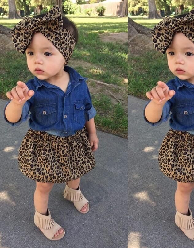 3 UNIDS Conjunto Ropa de Bebé Niña 2019 Verano Niño Niños Denim Tops + Leopard