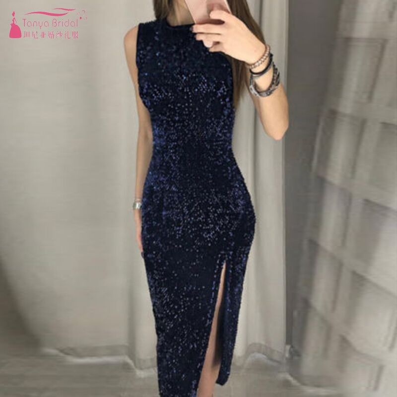 Compre Joelho Mangas Hetero Cocktail Dresses Azul Burgundy Partido Lantejoulas Vestido Preto Sexy Side Slit Graduação Vestido DQG733 De Vincant, $193,52 | Pt.Dhgate.Com