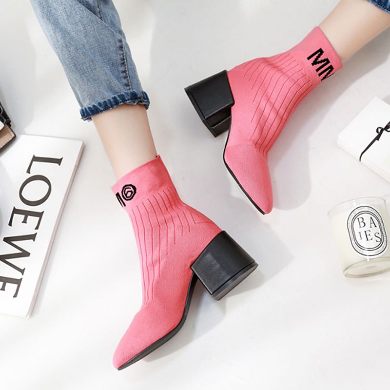 pink sock boots block heel