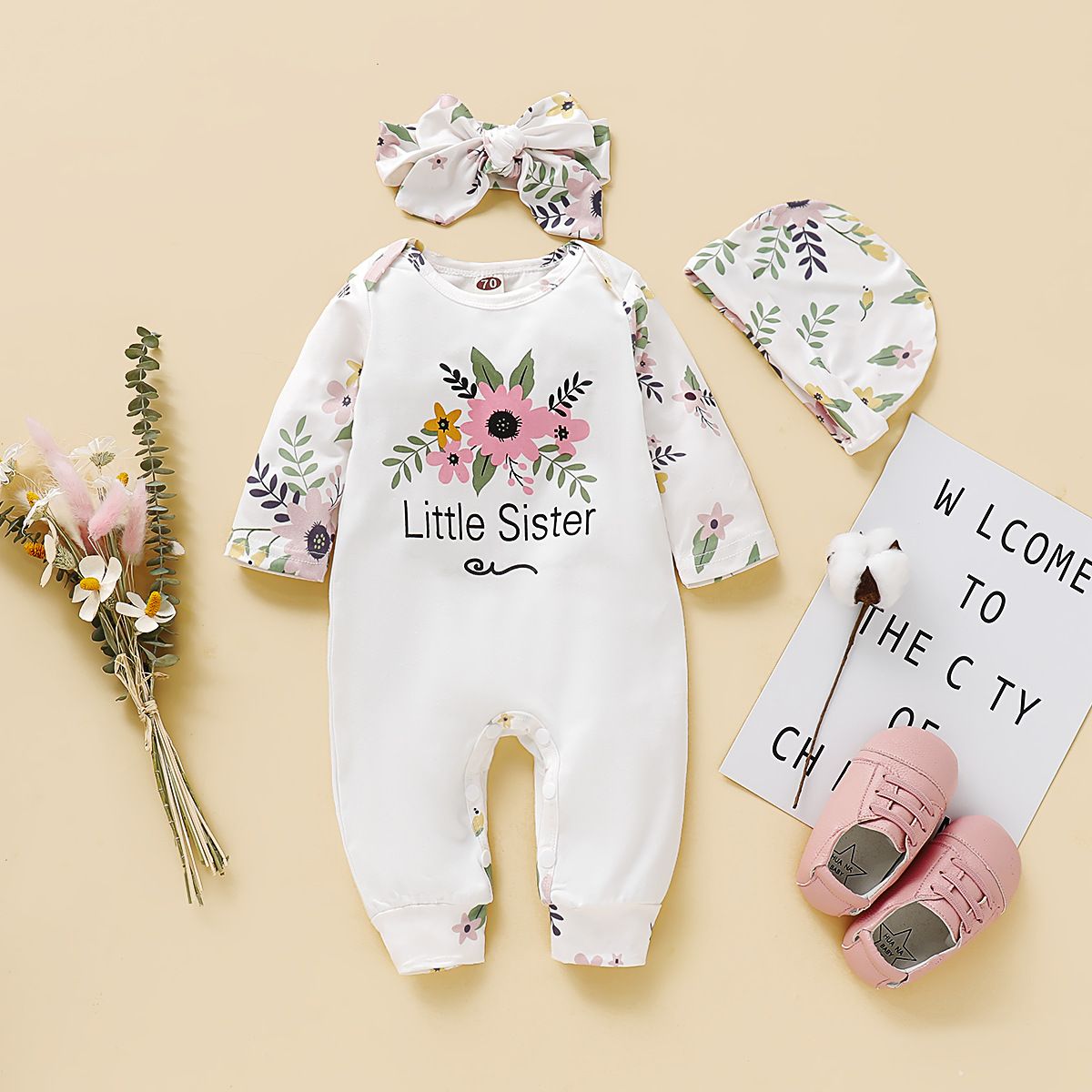 Baby Girl Clothes Little Sister Newborn Outfit Print Long Sleeve Romper Overall Floral Jumpsuit