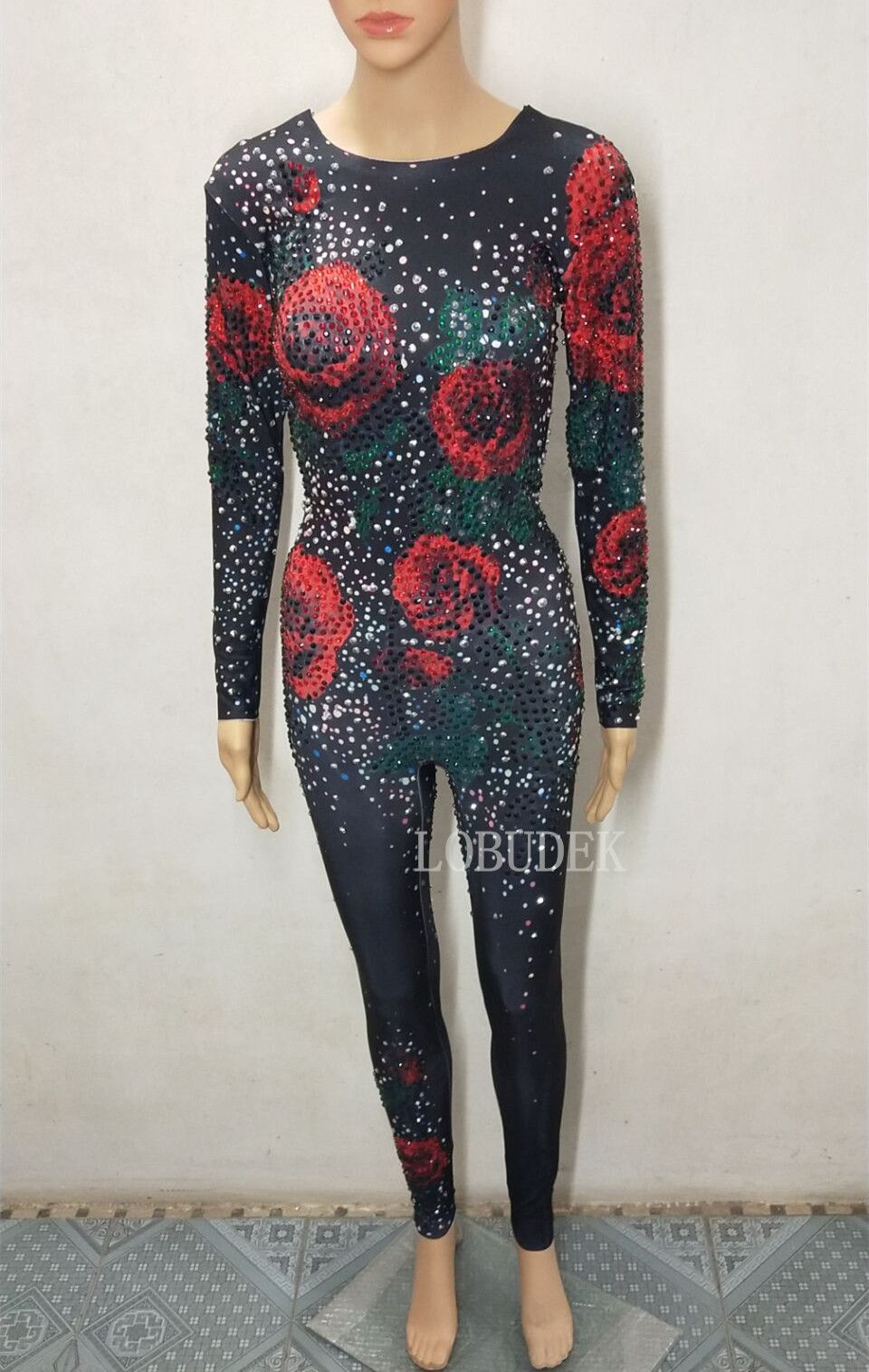 black jumpsuit with rhinestones