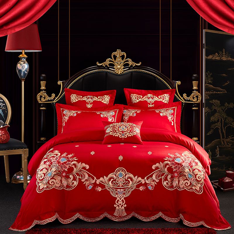 Chinese Traditional Red Sheet Bedding Sets Queen Embroidery Duvet