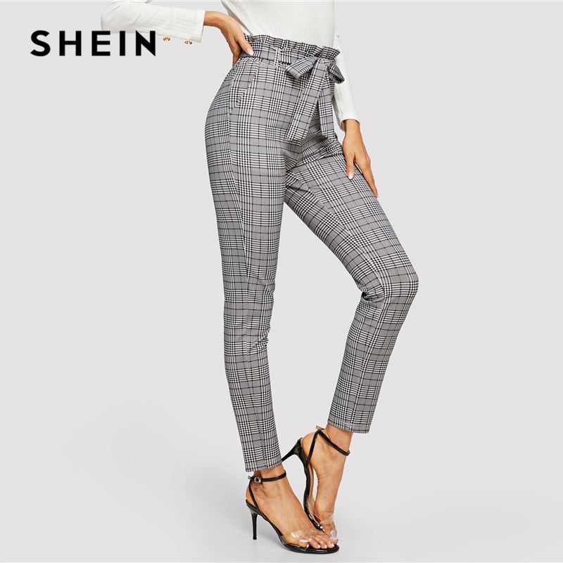 para mujer Capris Shein Grey Paperbag Cintura Plaid Cigarette Cinturón Alto Mujer Primavera