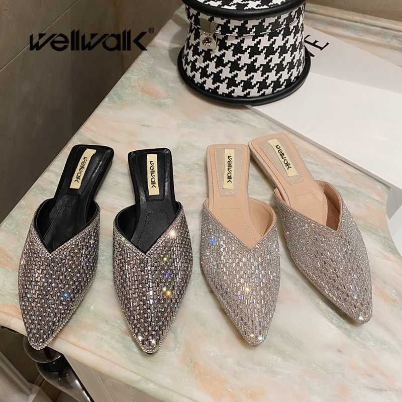 pointed leather rhinestone mules
