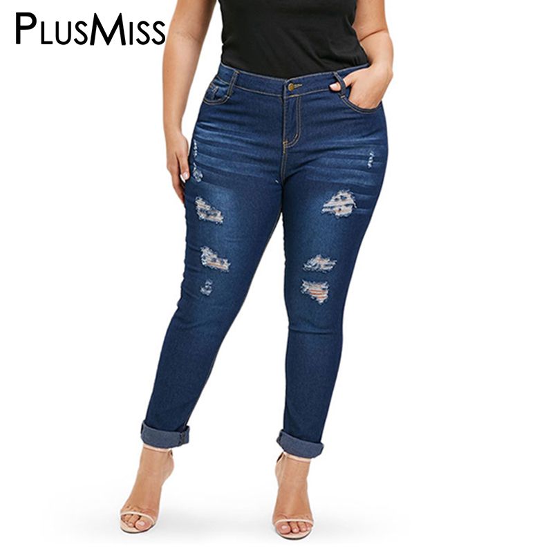 PlusMiss Plus Size 3XL XXL Cintura alta Sexy Skinny Jeans rasgados Mujeres Agujero de gran