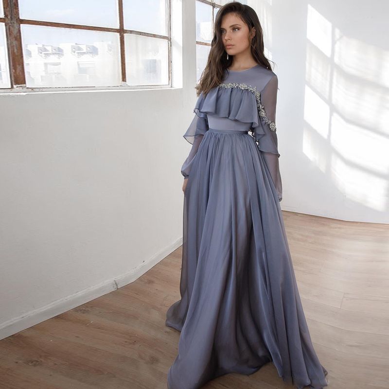 Sweet A Line Long Sleeve Prom Dresses O Neck Sequined Ruffles