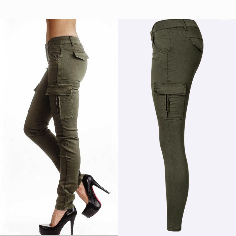 estilo militar mujer de los pantalones vaqueros verdes mediados de cintura de las mujeres estiramiento