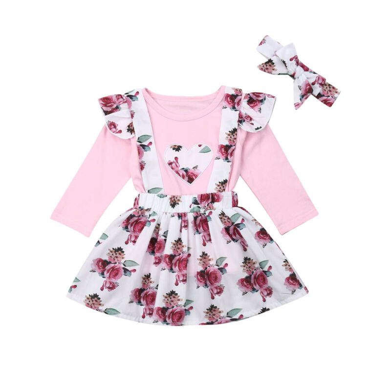 Toddler Kid Baby Girl Floral Ruffled T Shirt Suspender Skirt Clothes Outfits Set
