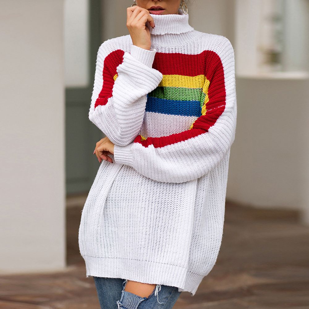 Women Rainbow Turtleneck Sweaters Jumpers Knitted Clothes Striped Oversized