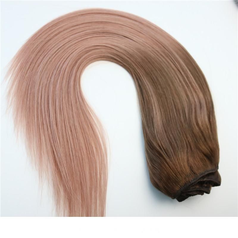 120g Full Head Clip In Human Hair Extensions 7pcs Ombre Pink Brown Tips #3  Rose Gold