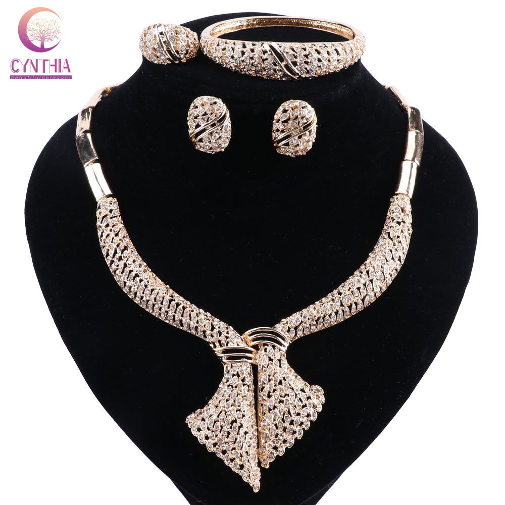Bridal Dubai Gold Jewelry Sets Crystal Necklace Earrings Set Nigerian ...