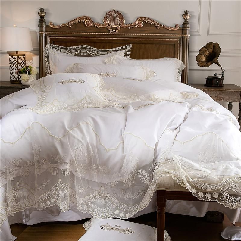 Luxury White Princess Bedding Sets Egyptian Cotton Lace Bedclothes