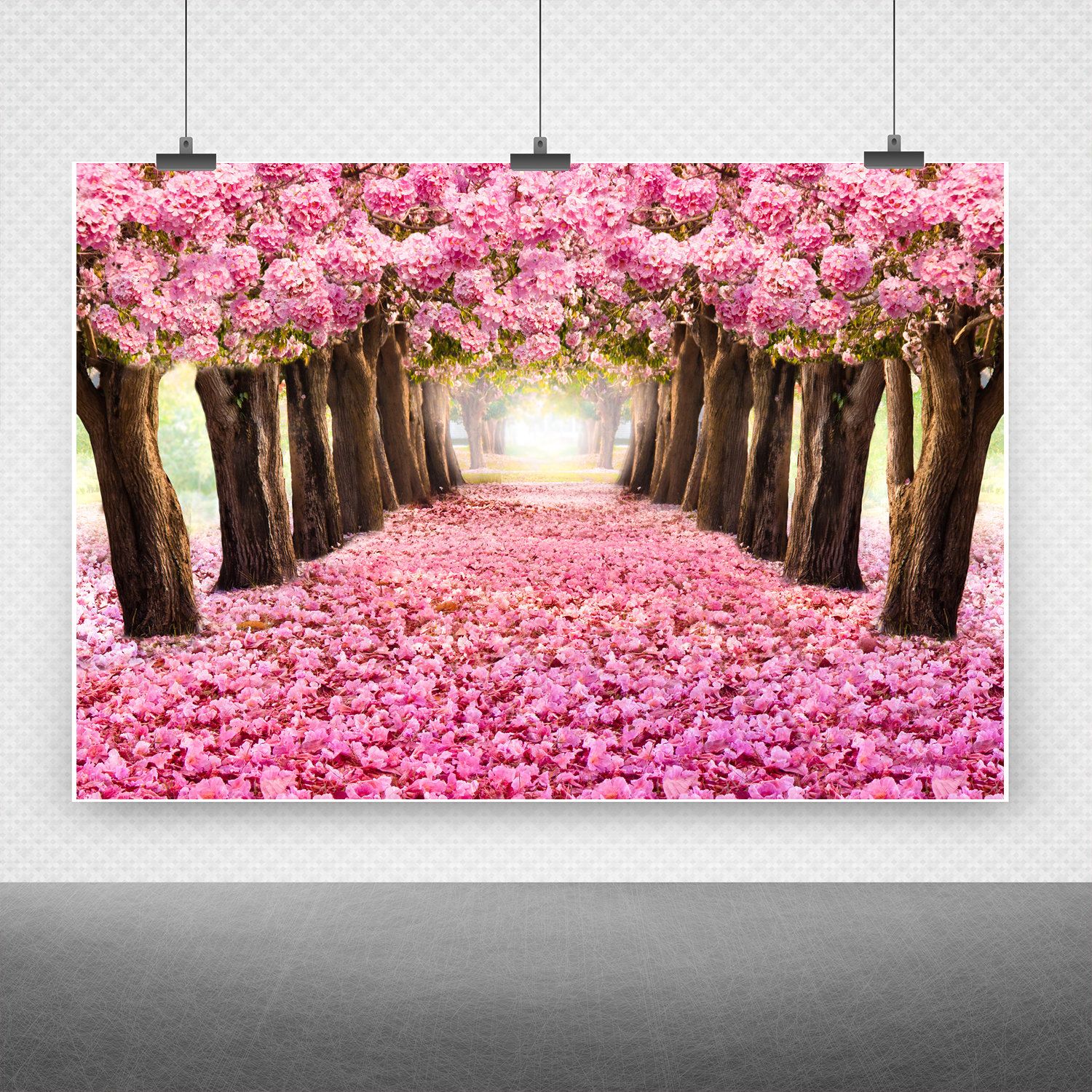 10x7ft Romantic Pink Flowers Blossom Trees Vinyl Photography Background Wedding Photo Backdrops Spring Park Landscape Lamplight Petal Road Newlywed Girls Portraits Shoot Bridal Shower