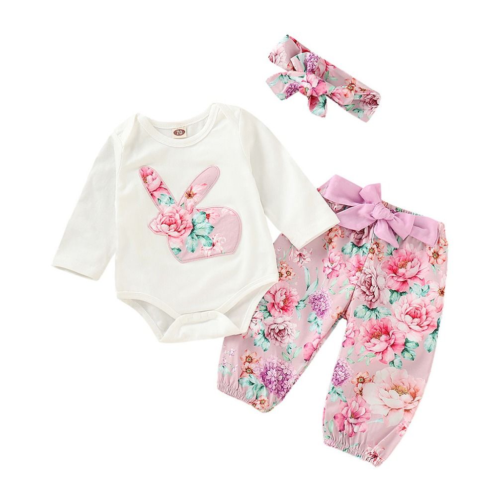 3PC Infant Baby Easter Day Rabbit Print Jumpsuit Romper+Pants+Headband Outfits