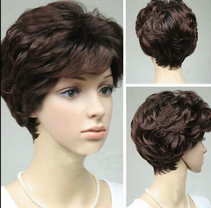 Wig Dark Brown Older Women Short Curly Hair Natural Full Wigs