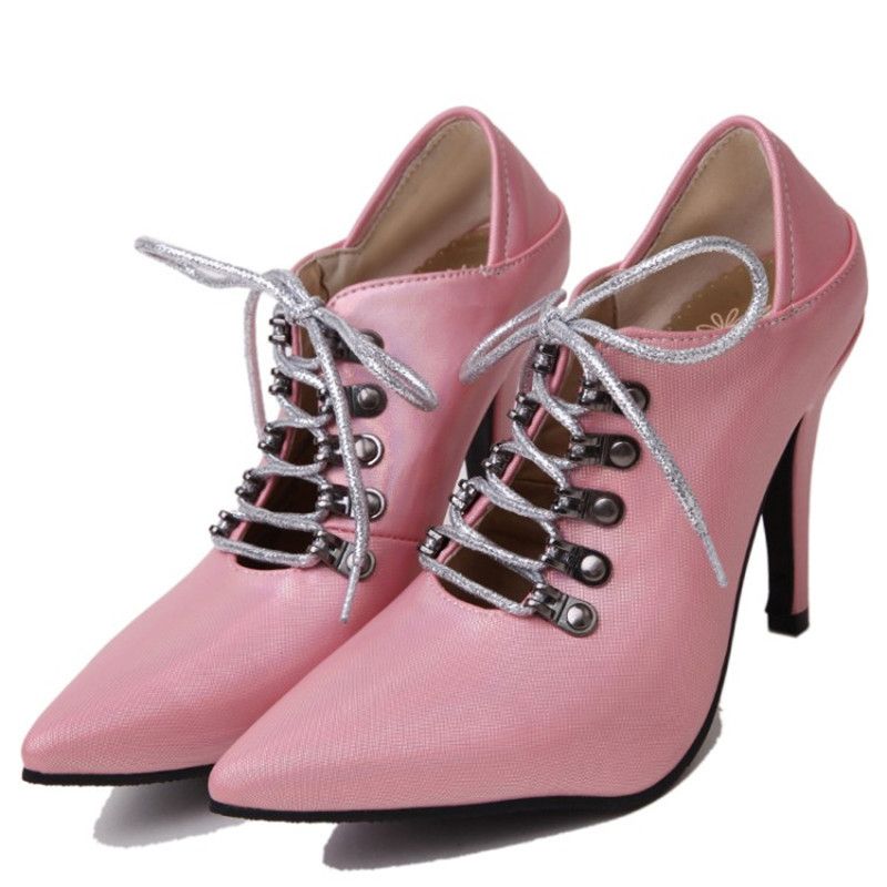 moda 2019 mujeres rosa zapatos primavera / otoño PU delgados 6CM con cordones
