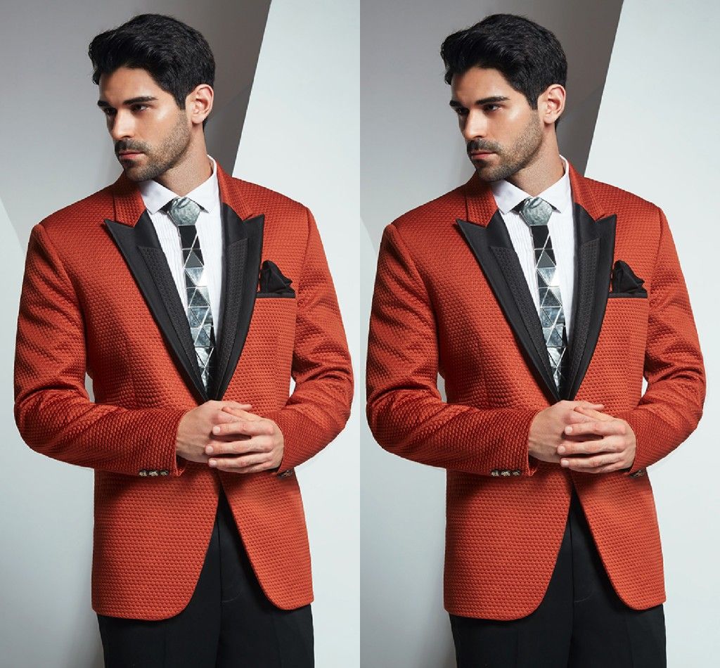 High Quality Orange Wedding Tuxedos Peaked Lapel Slim Fit One Button