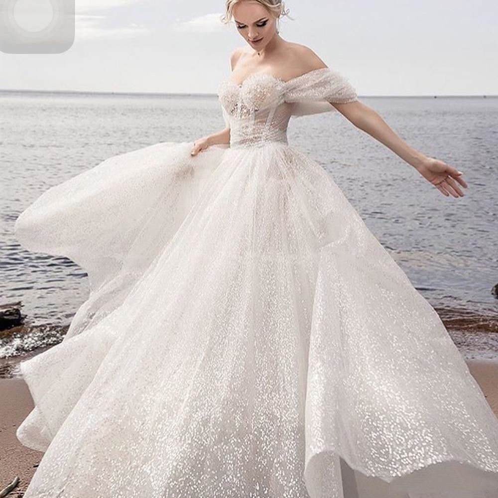 Discount Sparkly A Line Wedding Dresses Beach Ceremony Off Shoulder Floor Length Bohemian Boho Charming Bling Sequin Bridal Gowns Wedding Dress China