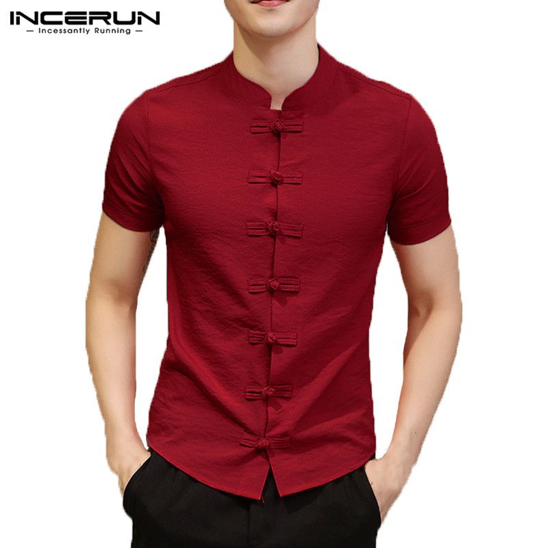 Oriental Antorchas secuencia Camisas casuales para hombres Incerun estilo chino camisa tradicional  hombres manga corta vintage color sólido delgado