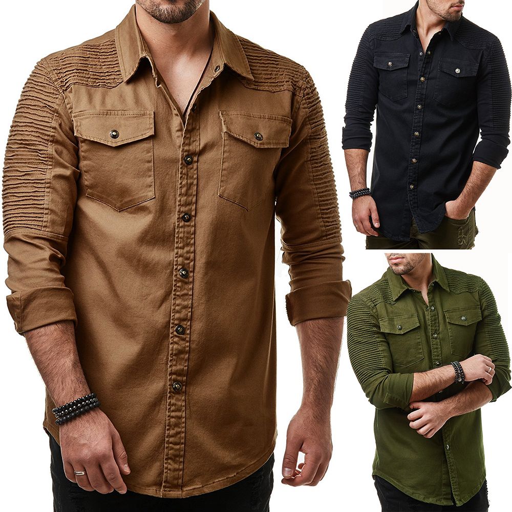 Marca 2018 Moda Hombre Camisa de larga Lavable Vaquero Camisa Decoración para hombre