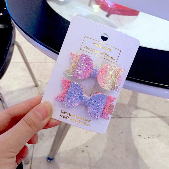 2pcs//set Cute Mini Little Girls Hair Bows Clips Sequins Layer Double Hairpins