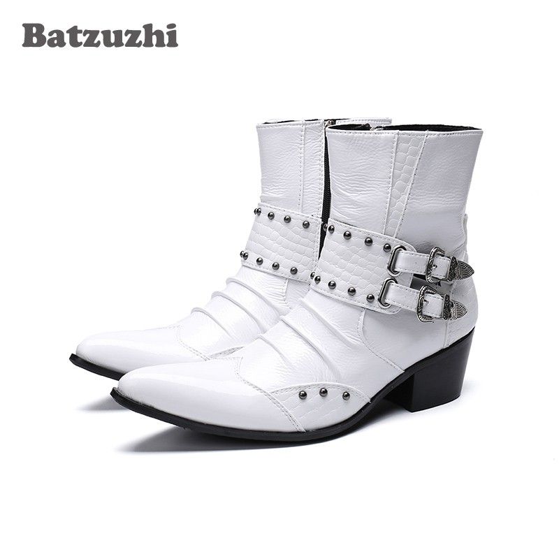 Batzuzhi Guapo Hombre Zapatos Punta Punta Metálica 6.5 cm Tacones Botines de Cuero