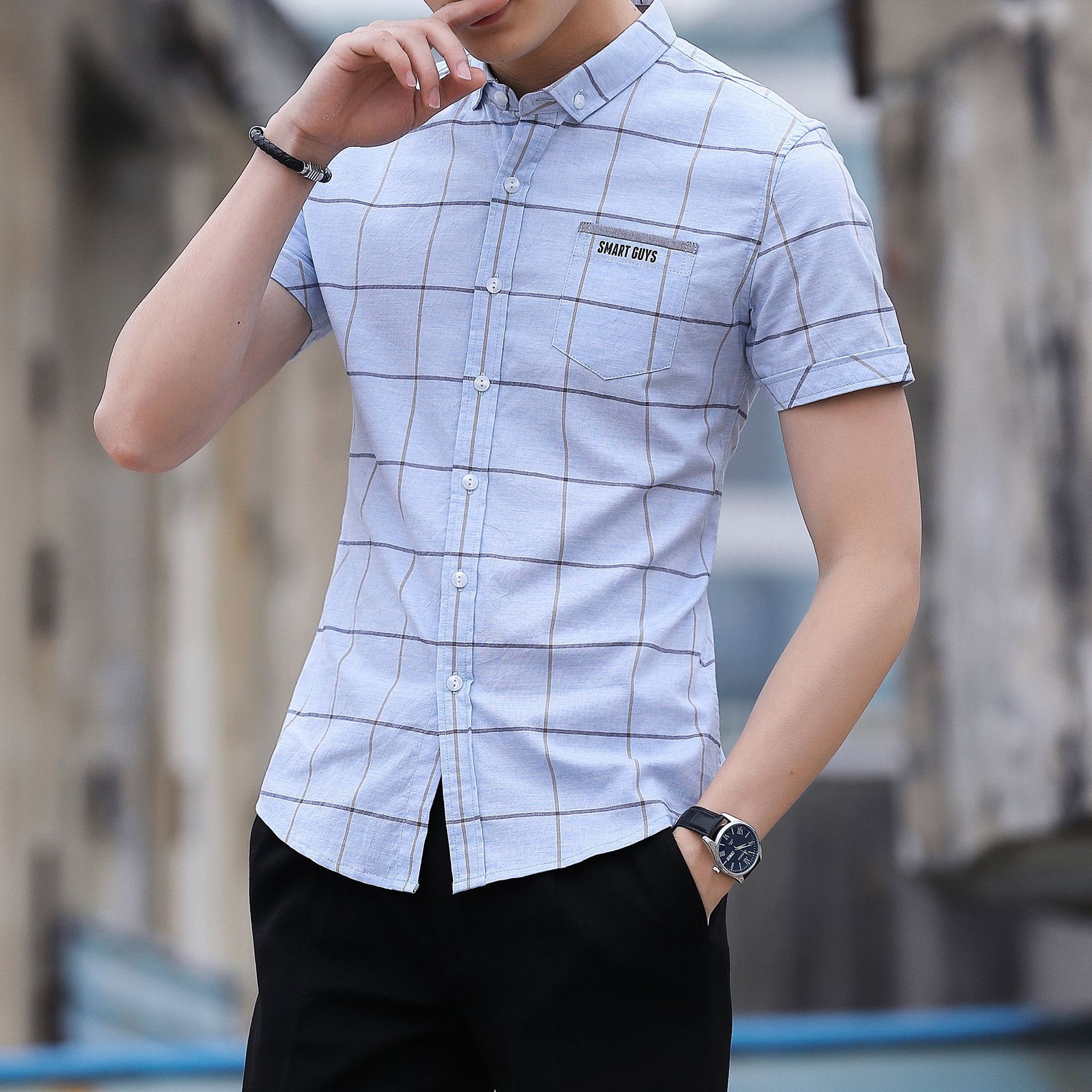 Fashion Mens Summer Casual Dress Shirt Mens Plaid Short Sleeve Shirts Tops M-3XL