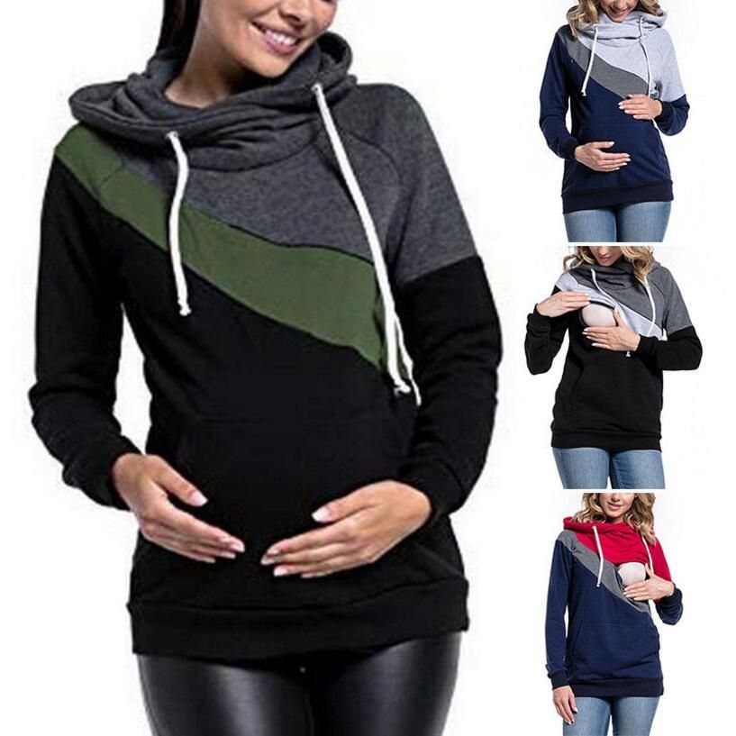 2020 Patchwork Maternity Hoodies Breastfeeding Pullover Long Sleeve