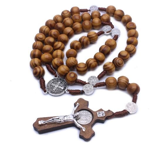 Men/'s Women/'s Wood Necklace Rosary with cross Jesus cross Pendant Necklace New