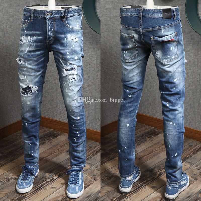 Compra Jeans Para Hombre Azul Patchwork Parches Puntada Detalle Elástico  Daños Pantalones Vaqueros Rasgados Efecto Vaquero Pantalones Barato |  Entrega Rápida Y Calidad | Es.Dhgate
