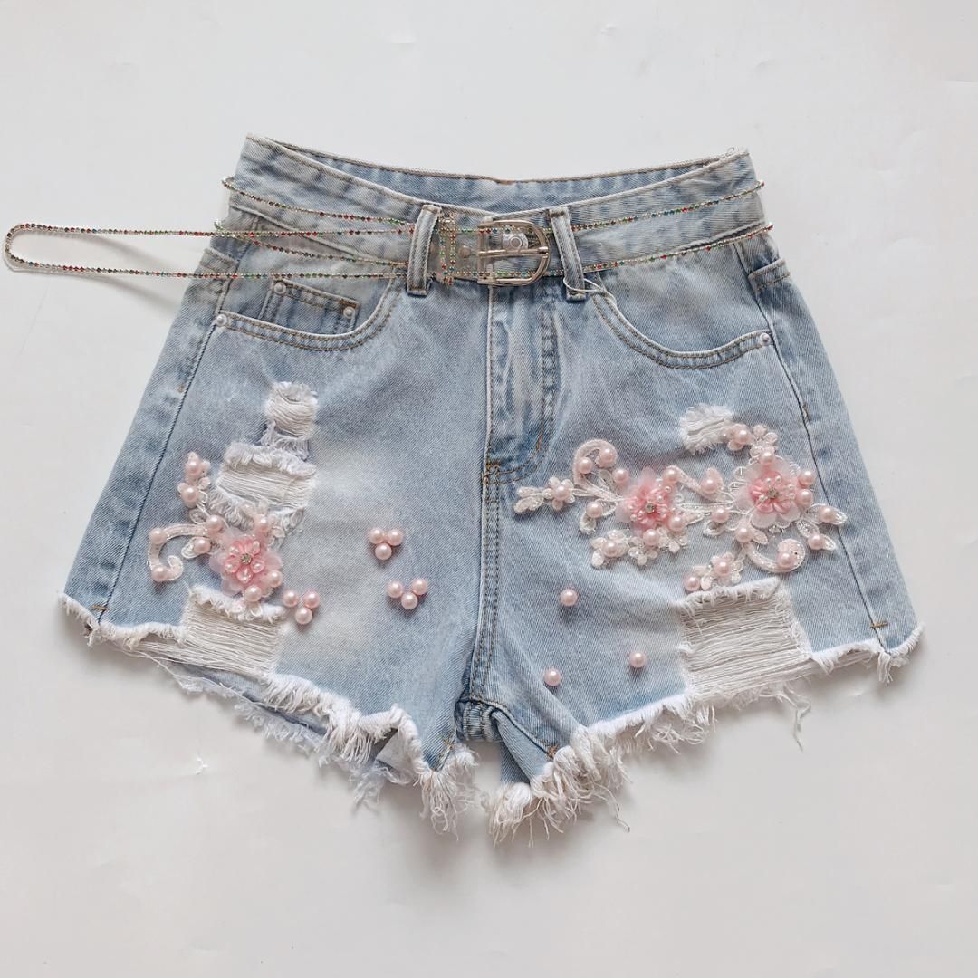 Pantalones Cortos De Mezclilla De Las Mujeres Rasgado Bordado