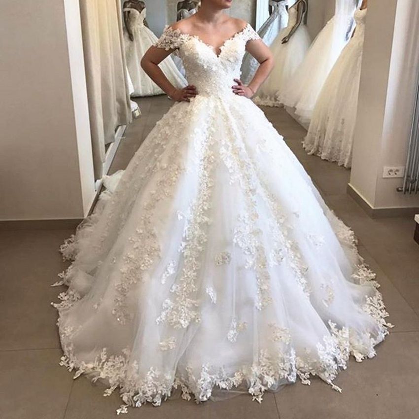 3D Flower Lace Backless Wedding Dresses Off Shoulder Short Sleeves Ball ...