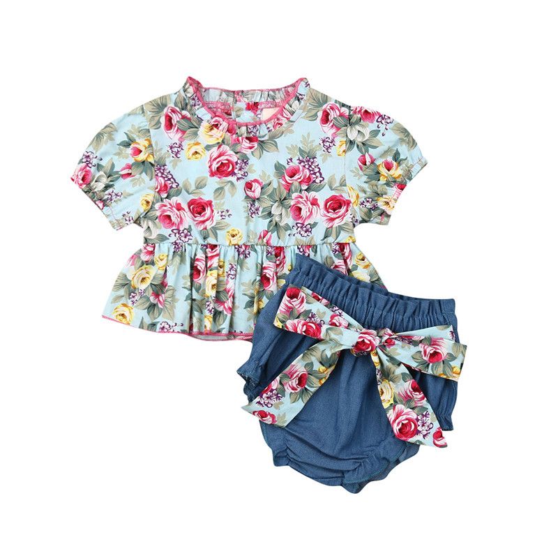 2019 Newborn Baby Girls Ruffle Floral Short Sleeve Tops Dress+Bow Denim Short