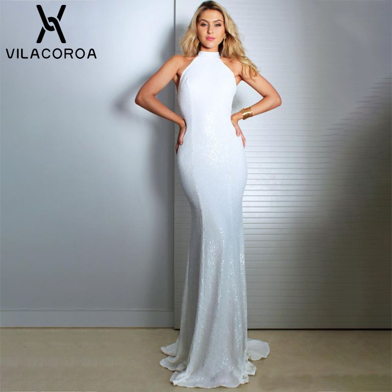 white sequin halter dress