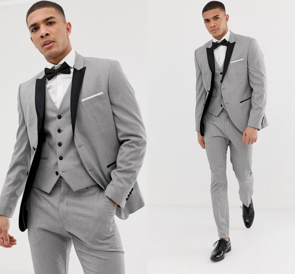 2019 trajes de hombre Slim Fit Peaked solapa esmoquin gris trajes de boda  con solapa negra para hombres padrinos de boda trajes un botón traje de 3  piezas|grey wedding suit|wedding suitsuit slim -