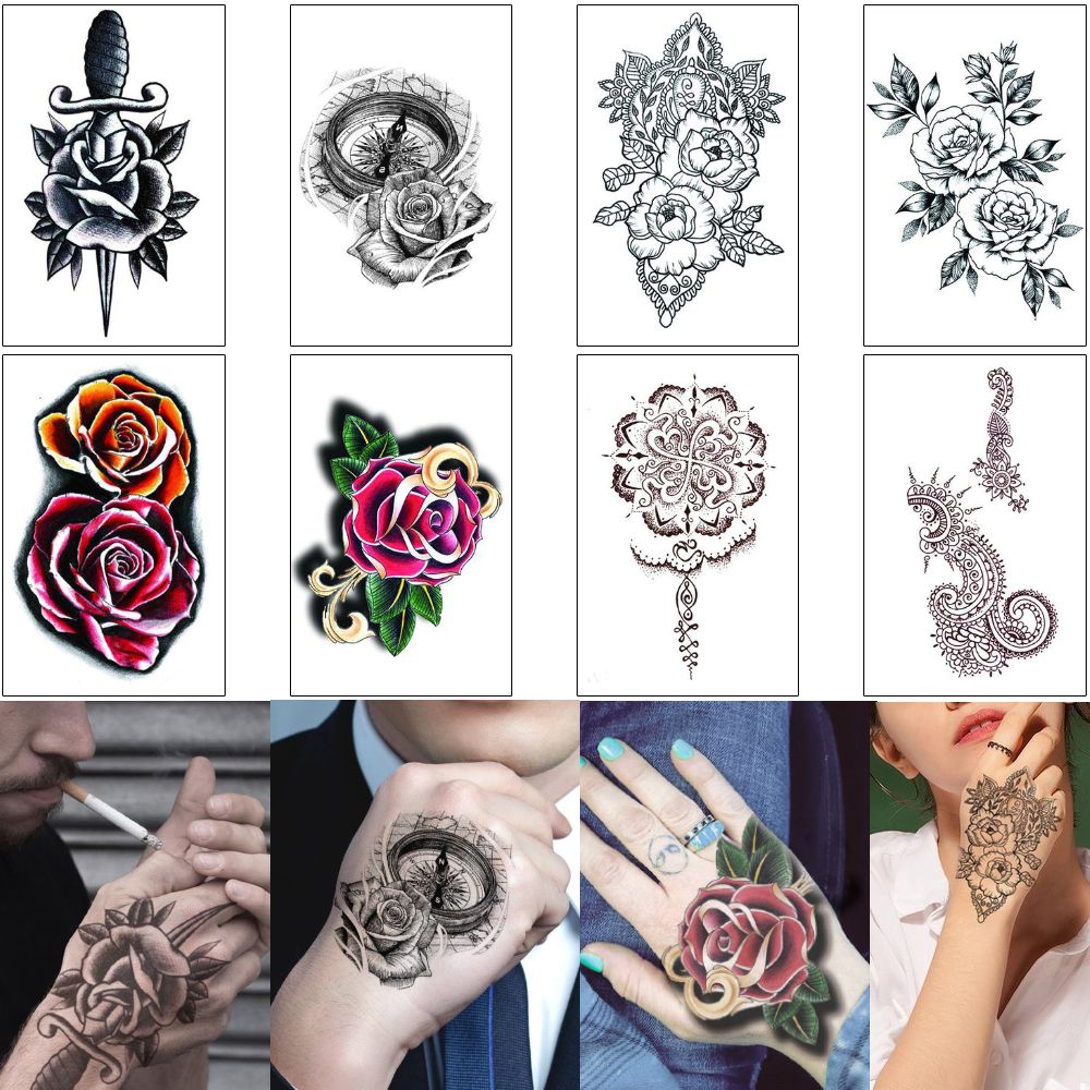 12x15 5cm Mht Hand Tattoo Sticker Fake Black Henna Rose Flower Wolf Skull Joker For Woman Man Arm Ankle Shoulder Waterproof Temporary Tattoo From Homimly 0 7 Dhgate Com