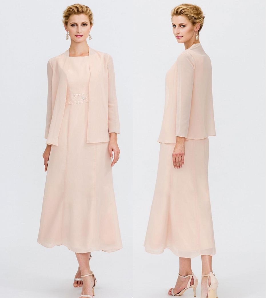 Tea Length Mother Of The Bride Dresses Chiffon Beaded Sash Mother Dresses With Jacket Evening