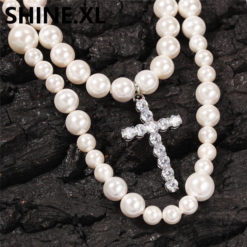 Mens Natural Pearl Necklace Chain Cross 