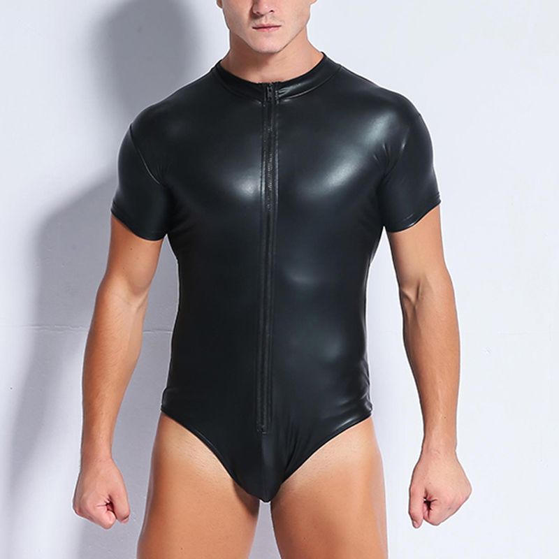 2020 Mens Leather Bodysuit Latex Catsuit Men Faux Leather