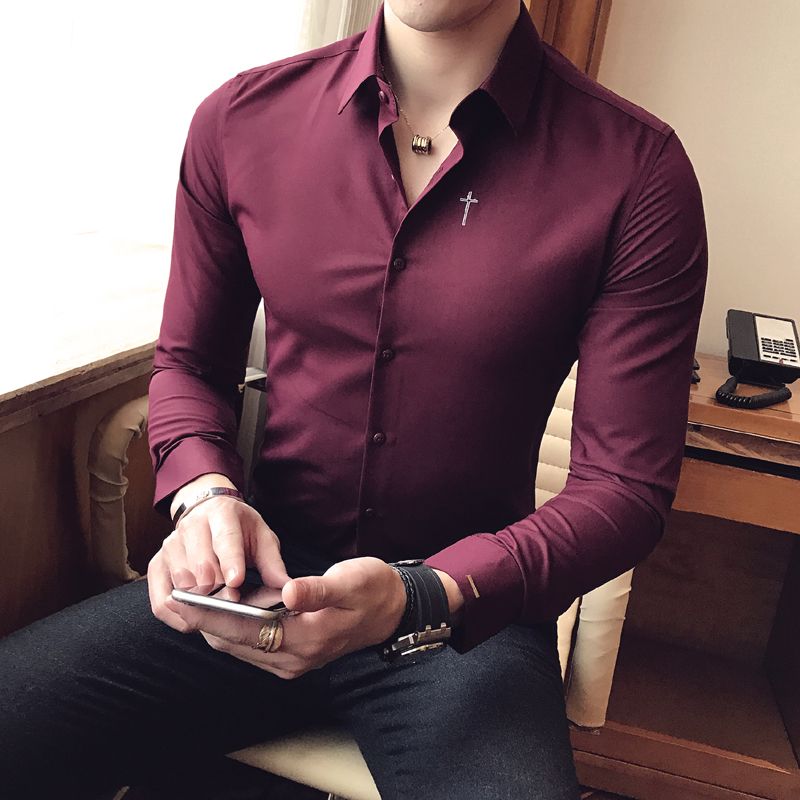 Mens Casual Shirts Burgundy Dress Mens Gentlemen Classic Slim Fit 2021 ...