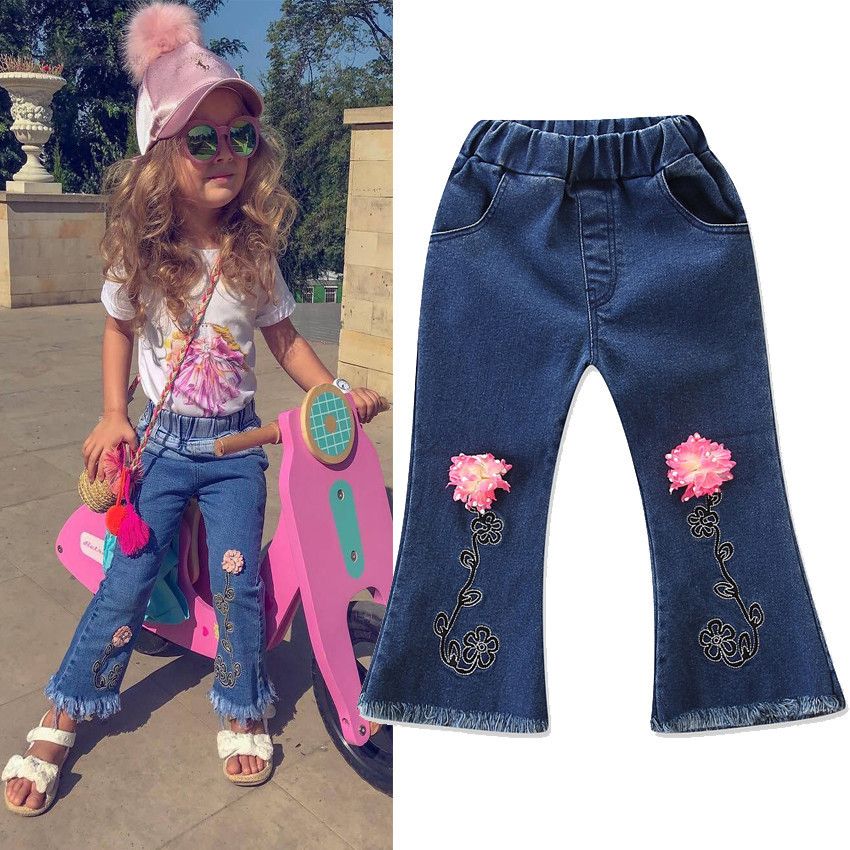 Compre Calças Flare 2019 New Criança Infantil Criança Bebés Meninas Crianças Denim Boca De Sino Calças Longas Bordados Flor Largo Jeans Leg Calças 2 7T De Bkld, $68,48 | Pt.Dhgate.Com