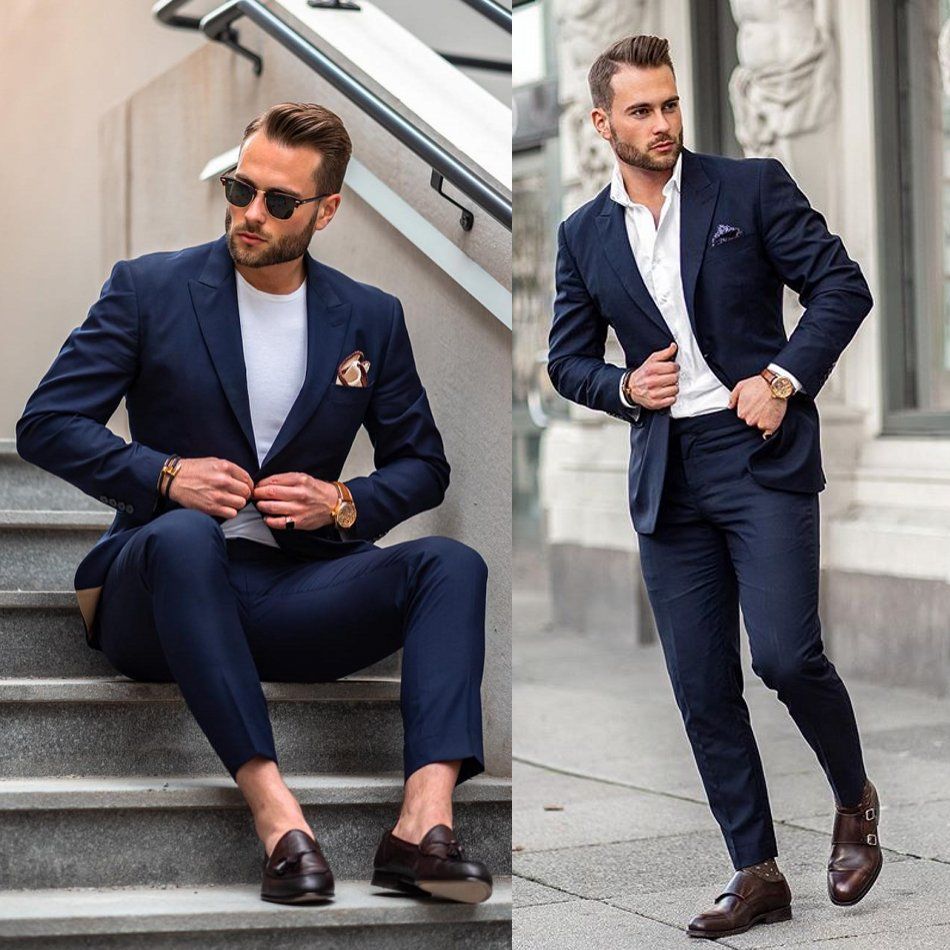 Chic Navy Wedding Mens Suits Slim Fit Bridegroom Tuxedos For Men Two Pieces Groomsmen Suit Cheap Formal Business Jackets With Square Scarf Mens Dress Trousers Mens Formal Attire From Faiokaver 78 6 Dhgate Com