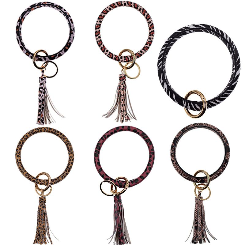 2020 Hademade Leopard PU Leather O Key Chain Tassel Wristlet Keychain Wholesale For Women Girls ...