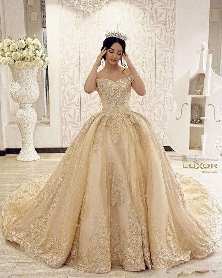 Off Shoulder Gold Lace Appliques Ball Gown Wedding Dresses 2020